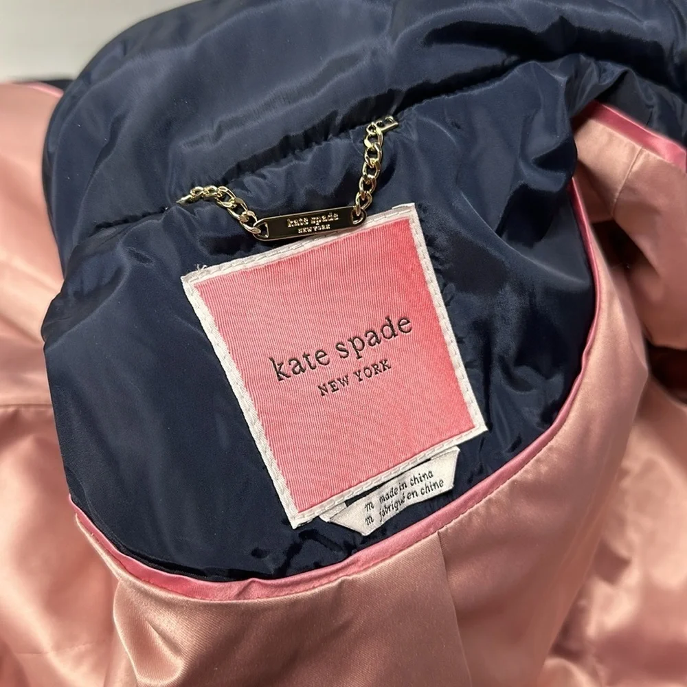 Kate Spade Jacket Coat Chevron Quilted Full Zip Hooded Navy Blue Size M Medium